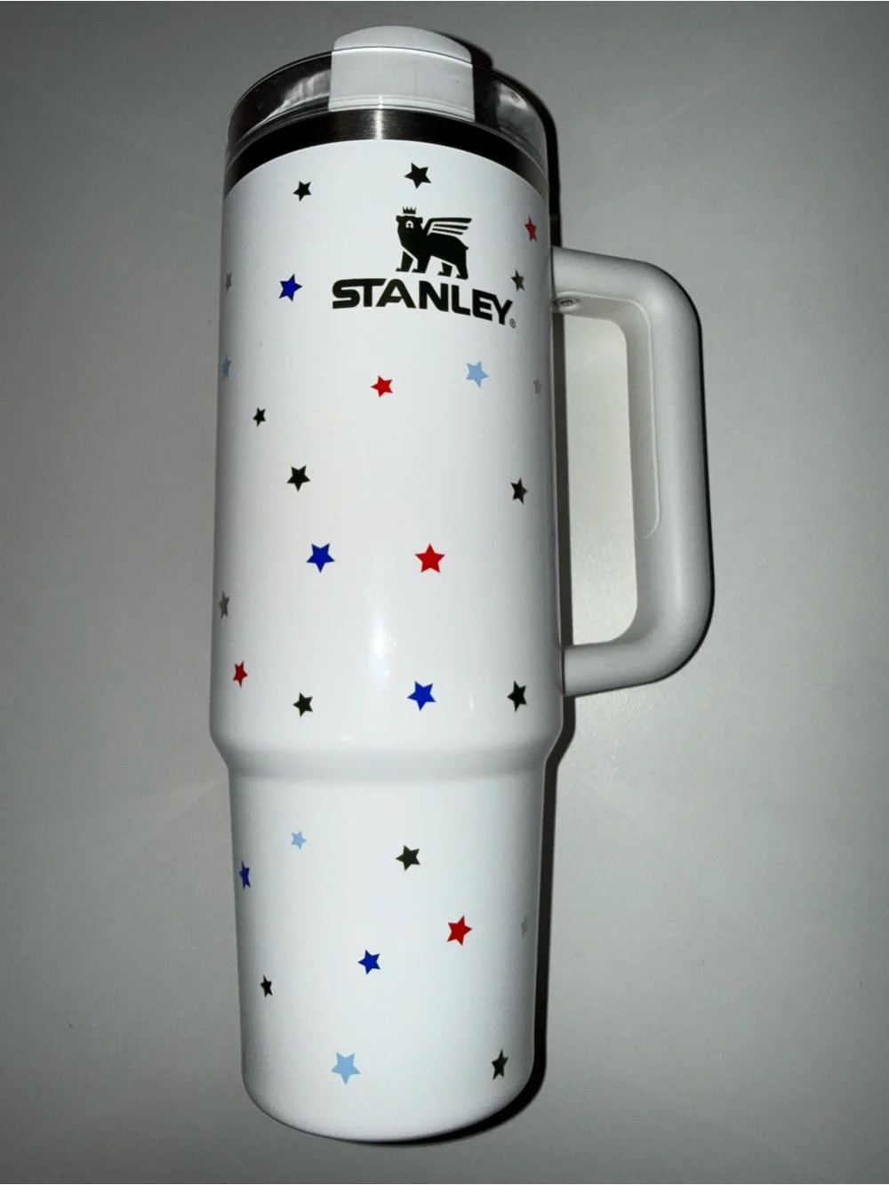 Stanley White Travel Tumbler with Multicolor Star Pattern and Handle